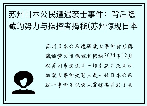 苏州日本公民遭遇袭击事件：背后隐藏的势力与操控者揭秘(苏州惊现日本街)