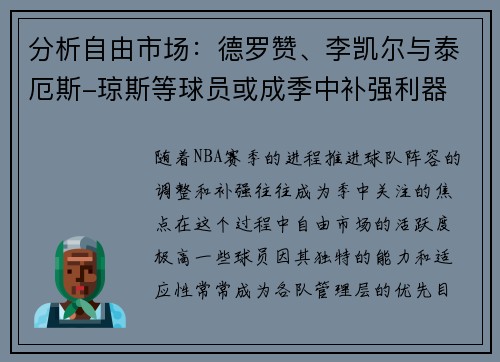 分析自由市场：德罗赞、李凯尔与泰厄斯-琼斯等球员或成季中补强利器