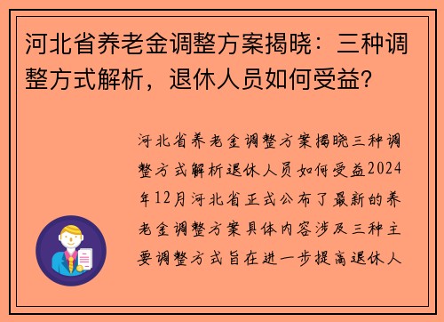 河北省养老金调整方案揭晓：三种调整方式解析，退休人员如何受益？