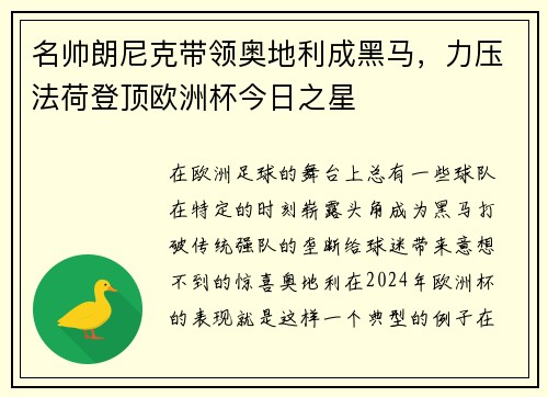 名帅朗尼克带领奥地利成黑马，力压法荷登顶欧洲杯今日之星
