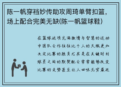陈一帆穿裆妙传助攻周琦单臂扣篮，场上配合完美无缺(陈一帆篮球鞋)