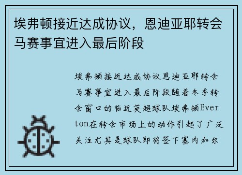 埃弗顿接近达成协议，恩迪亚耶转会马赛事宜进入最后阶段