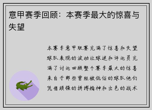 意甲赛季回顾:本赛季最大的惊喜与失望