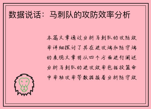 数据说话:马刺队的攻防效率分析