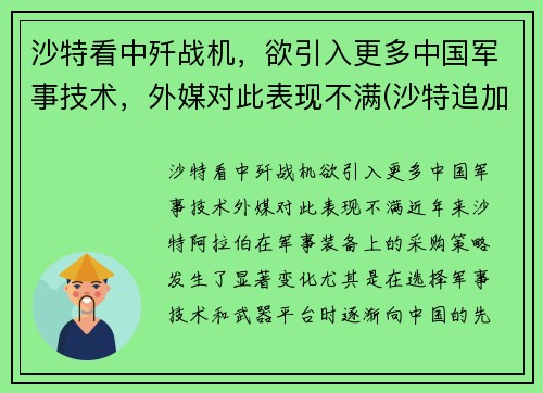 沙特看中歼战机,欲引入更多中国军事技术,外媒对此表现不满(沙特追加投资歼31最新消息) 沙特看中歼战机,欲引入更多中国军事技术,外媒对此表现不满(沙特追加投资歼31最新消息)
