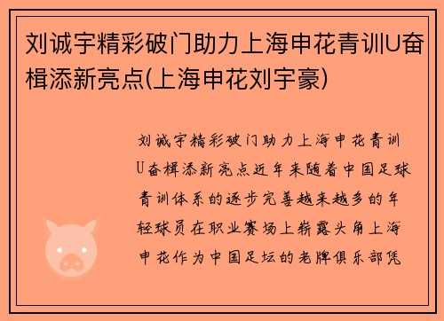 刘诚宇精彩破门助力上海申花青训U奋楫添新亮点(上海申花刘宇豪)
