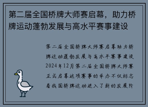 第二届全国桥牌大师赛启幕，助力桥牌运动蓬勃发展与高水平赛事建设